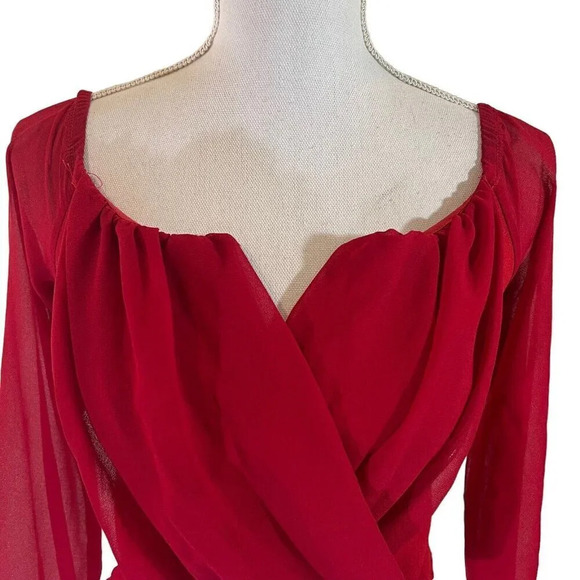 Windsor Cherry Red Blouse Pointed V Neck Chiffon Cropped Long Sleeves - Picture 4 of 6